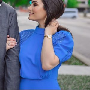 Blue midi dress with cut outs on sleeves